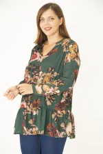 Kadın Büyük Beden Yeşil V Yakalı Etek Ucu Katlı Astarlı Şifon Tunik 65N36955