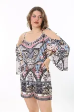 Kadın Büyük Beden Renkli Omuz Dekolteli Şort Tulum 65N37993