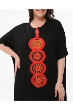 Kadın Büyük Beden Siyah, Rahat Kesim V Yaka Nakışlı Elbise 65N39077