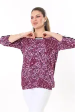 Kadın Büyük Beden Mürdüm Yaka Ve Kolları Sim Şerit Detaylı Uzun Kollu Bluz 65N37709