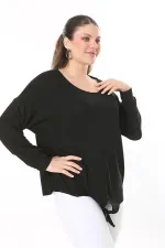 Kadın Büyük Beden Saks Önden Bağlamalı Uzun Kollu Bluz 65N37695