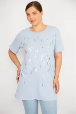 Kadın Büyük Beden Bebe Mavisi Payet Ve Taş İşli Bisiklet Yakalı Bluz