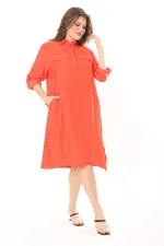 Kadın Büyük Beden Nar Ön Pat Düğmeli Süs Göğüs Cepli Kol Boyu Ayarlı Elbise 65N37871