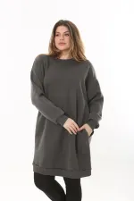 Kadın Büyük Beden Füme İçi Şardonlu 3 İplik Yan Cepli Uzun Sweatshirt 65N37494
