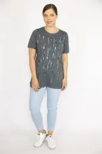 Kadın Büyük Beden Bebe Mavisi Payet Ve Taş İşli Bisiklet Yakalı Bluz