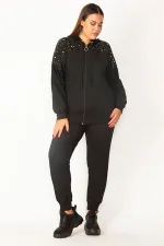Ensemble sweat-shirt et pantalon à capuche avec fermeture éclair sur le devant et détails en pierre pour femme, noir