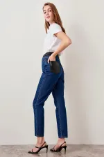 Kadın Mavi , Deri Detaylı , Yüksek Bel Kot Pantolon