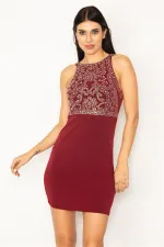 KADIN BORDO TAŞ DETAYLI HALTER YAKA ABİYE ELBİSE