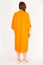 Kadın Camel Büyük Beden Omuz Dekolteli Ön Düğmeli Elbise