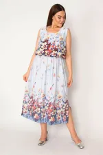 Kadın Mavi Bel Kısmı Lastikli Desenli Elbise 65N33217