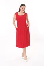 Kadın Büyük Beden Kırmızı Kare Yakalı Kolsuz Uzun Elbise 65N37738