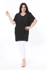 Kadın Büyük Beden Siyah V Yakalı Düşük Kollu Uzun Bluz 65N37999
