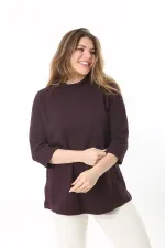 Kadın Büyük Beden Mürdüm Sıfır Yakalı Kendinden Desenli Kapri Kollu Tunik 65N37495