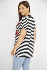 Kadın Siyah Büyük Beden Taş Detaylı V Yakalı Çizgili Bluz