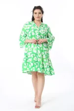 Kadın Büyük Beden Yeşil Ön Pat Düğmeli Katlı Elbise 65N38598