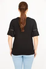 Kadın Kemik Büyük Beden Önü Nakış Ve Kolları Dantel Detaylı V Yaka Bluz