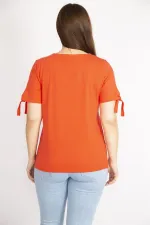 Kadın Nar Büyük Beden Pamuklu Kumaş Kol Bağcıklı Bluz