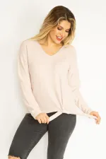 Kadın Gri V Yakalı Kabartma Desenli Ön Bağcıklı Bluz 65N35168