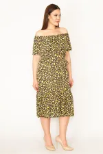 KADIN KEMİK PUAN DESEN YAKASI LASTİK VE VOLAN DETAYLI ETEĞİ KATLI DOKUMA VİSKON KUMAŞ ELBİSE