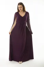 Kadın Büyük Beden Lacivert Bel Detaylı Kolları Tül Abiye Elbise 65N37065