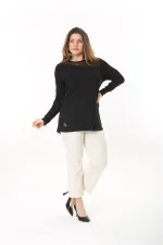 Kadın Büyük Beden Siyah Ön Ve Arka Yakası Tül Detaylı Uzun Kollu Bluz 65N37538