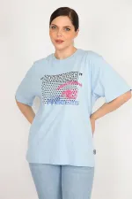 Kadın Mavi Büyük Beden Pamuklu Kumaş Ön Baskılı Bluz