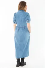 Kadın Büyük Beden Mavi Ön Pat Fermuarlı Kot Elbise 65N37377
