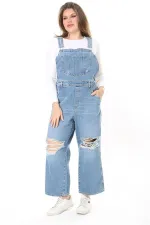 Kadın Büyük Beden Mavi Yırtık Detaylı Kot Salopet 65N37889