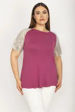 Kadın Büyük Beden Mor Kolları Payet Detaylı Bisiklet Yakalı Bluz 65N36882