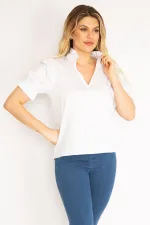 Kadın Beyaz Yaka Ve Kol Ağzı Fırfır Detaylı Poplin Bluz 65N35174