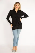 Kadın Siyah Ön Düğmeli Büzgü Detaylı Likralı Bluz 65N34856