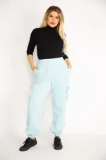 Kadın Mavi İçi Şardonlu 3 İplik Kargo Cepli Eşofman Alt 65N35097