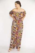 Kadın Bordo Büyük Beden Yaka Beli Lastik Detaylı Dokuma Viskon Kumaş Renkli Tulum