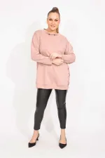 Kadın Pudra Büyük Beden Yakası Kuşgözü Ve Yan Fermuar Yırtmaçlı Sweatshirt 65N35611