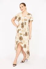 Kadın Bej Büyük Beden Dokuma Viskon Kumaş Eteği Anvelop Beli Lastikli Elbise 65N35832