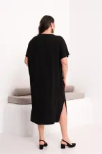 Kadın Büyük Beden Siyah, Nakış Rahat Kesim Elbise 65N39442