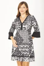 WOMEN'S BLACK V-NECK FLOUNCED SLEEVE DRESS