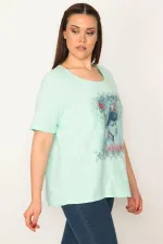 KADIN MİNT PAMUKLU KUMAŞ ÖN BASKILI KISA KOLLU BLUZ