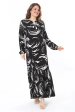 Kadın Büyük Beden Siyah Dokuma Viskon Kumaş Etek Ucu Katlı Uzun Kollu Elbise 65N37958