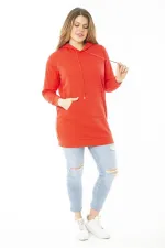 Women's Plus Size Red Double-Thread Hooded Sweatshirt with Raised Inside 65N37160