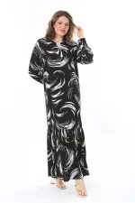 Kadın Büyük Beden Siyah Dokuma Viskon Kumaş Etek Ucu Katlı Uzun Kollu Elbise 65N37958