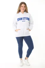 Women's Plus Size Gray Inside Raised 3 Thread Embroidery Detailed Hooded Sweatshirt 65N37126