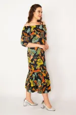 Kadın Renkli Yaka Lastikli Etek Ucu Katlı Dokuma Viskon Kumaş Elbise 65N33188