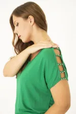 Kadın Bej Omuz Dekolteli İnci Detaylı Viskon Tunik 65N15453