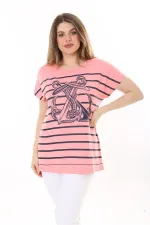 Kadın Büyük Beden Lacivert Bisiklet Yakalı Ön Desenli Kısa Kollu Bluz 65N37639