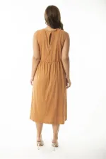 Kadın Büyük Beden Oranj Beli Lastik Detaylı Kolsuz Elbise 65N36903