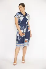 Kadın Lacivert Büyük Beden Yakalı Ön Pat Fermuarlı Beli Kuşaklı Elbise