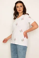 KADIN BEYAZ V YAKALI NAKIŞ DETAYLI BLUZ