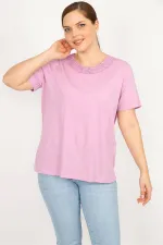 Kadın Lila Büyük Beden Pamuklu Kumaş Dantel Detaylı Bluz