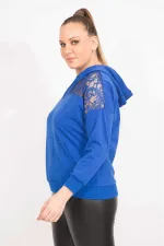 Kadın Saks Robası Dantel Ve Kapşon Detaylı Kanguru Cepli Sweat Shirt 65N35463